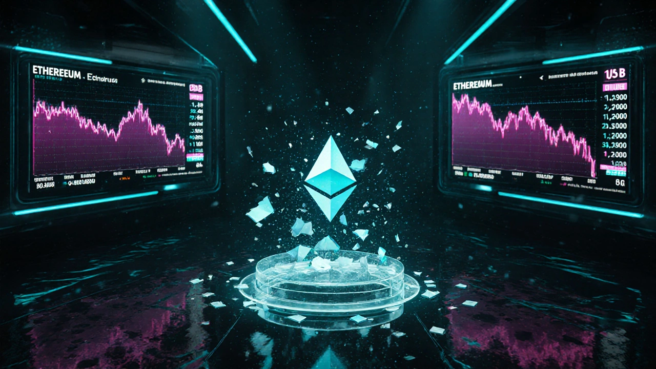 Handelsfläche mit holografischen Bildschirmen, die fallende Bitcoin‑ und Ethereum‑Preise zeigen.