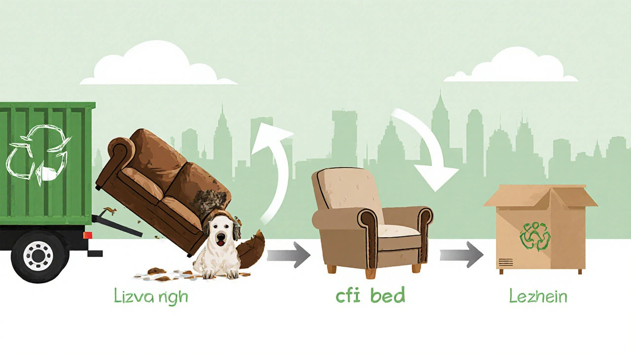 Alte Couch wird recycelt und zu neuen Möbeln sowie Spenden umfunktioniert.