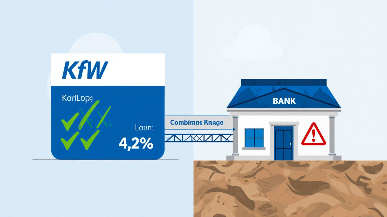 Aufgesplittete Finanzdarstellung: KfW-Darlehen mit niedrigen Zinsen und Bankkredit mit hohen Zinsen.