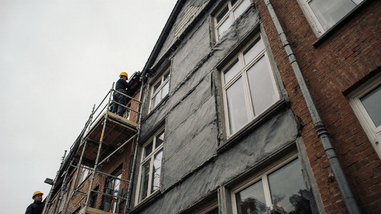 Außenansicht eines Gebäudes mit Bauarbeitern, die Dämmung anbringen und Fenster austauschen.