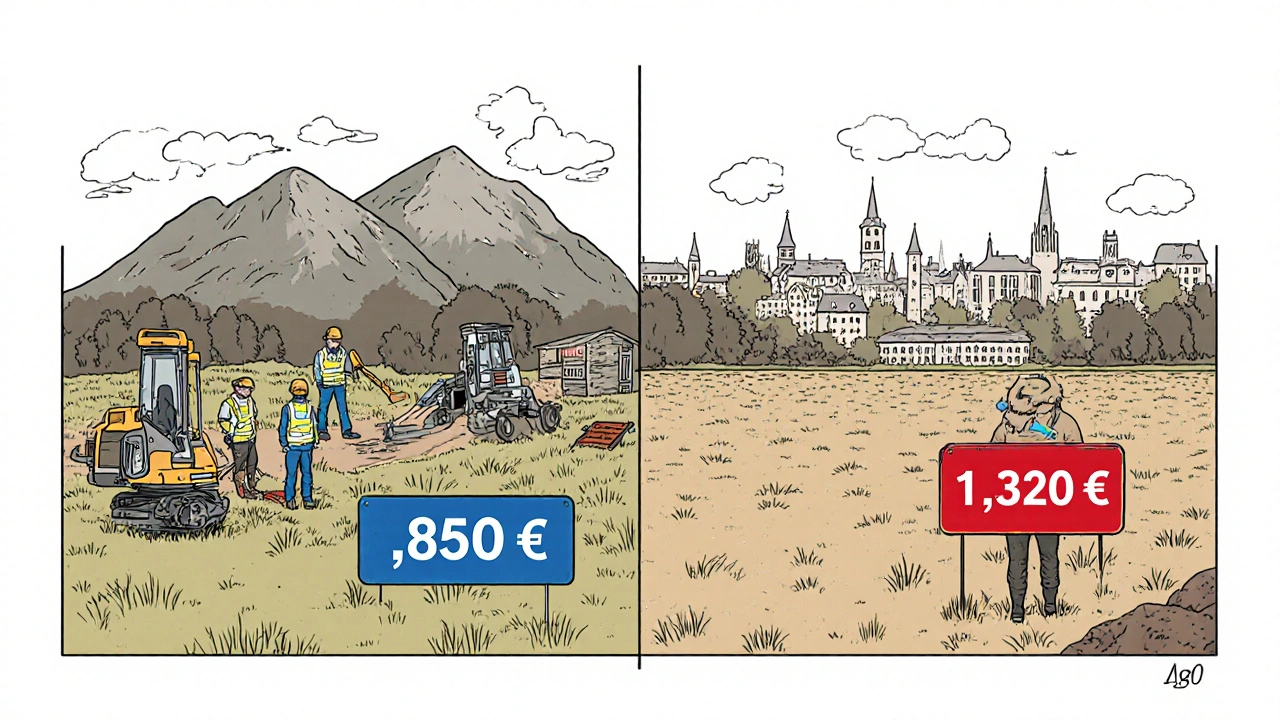 Comparison of surveying costs for identical plots in Bavaria and Brandenburg with visual cues for price differences.
