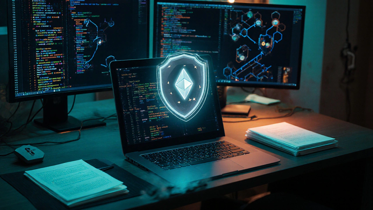 Entwickler arbeitet nachts an einem Token‑Swap, Schutz‑Shield und Governance‑Papieren sichtbar.
