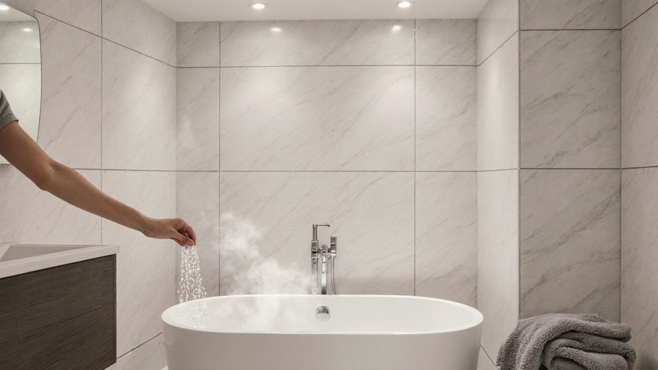 Fertig installierte Badewanne in stilvollem Bad, Wasser wird getestet.