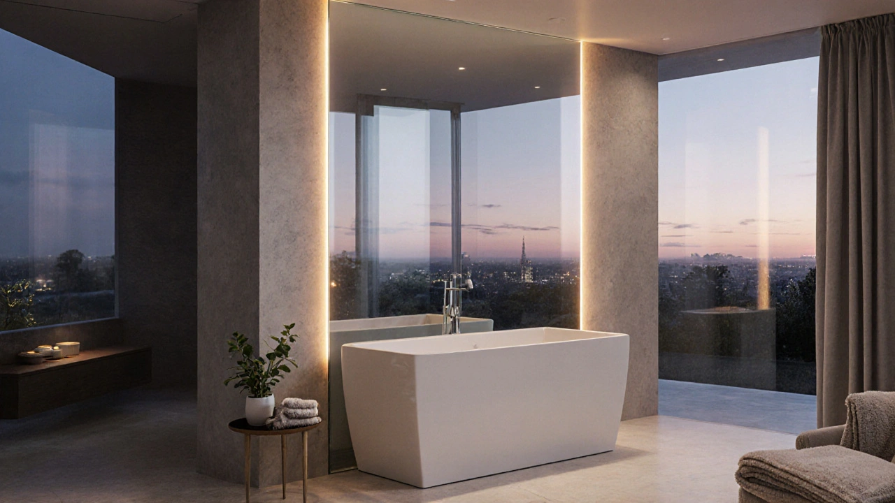 Fertiges Bad mit Glastauchwanne im beleuchteten Vorwand, gemütliche Atmosphäre.