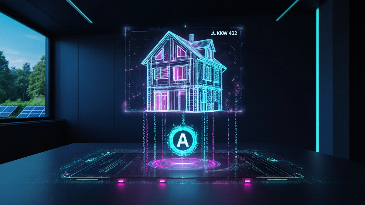 Futuristisches Büro mit holografischem Gebäudemodell und Datenströmen.