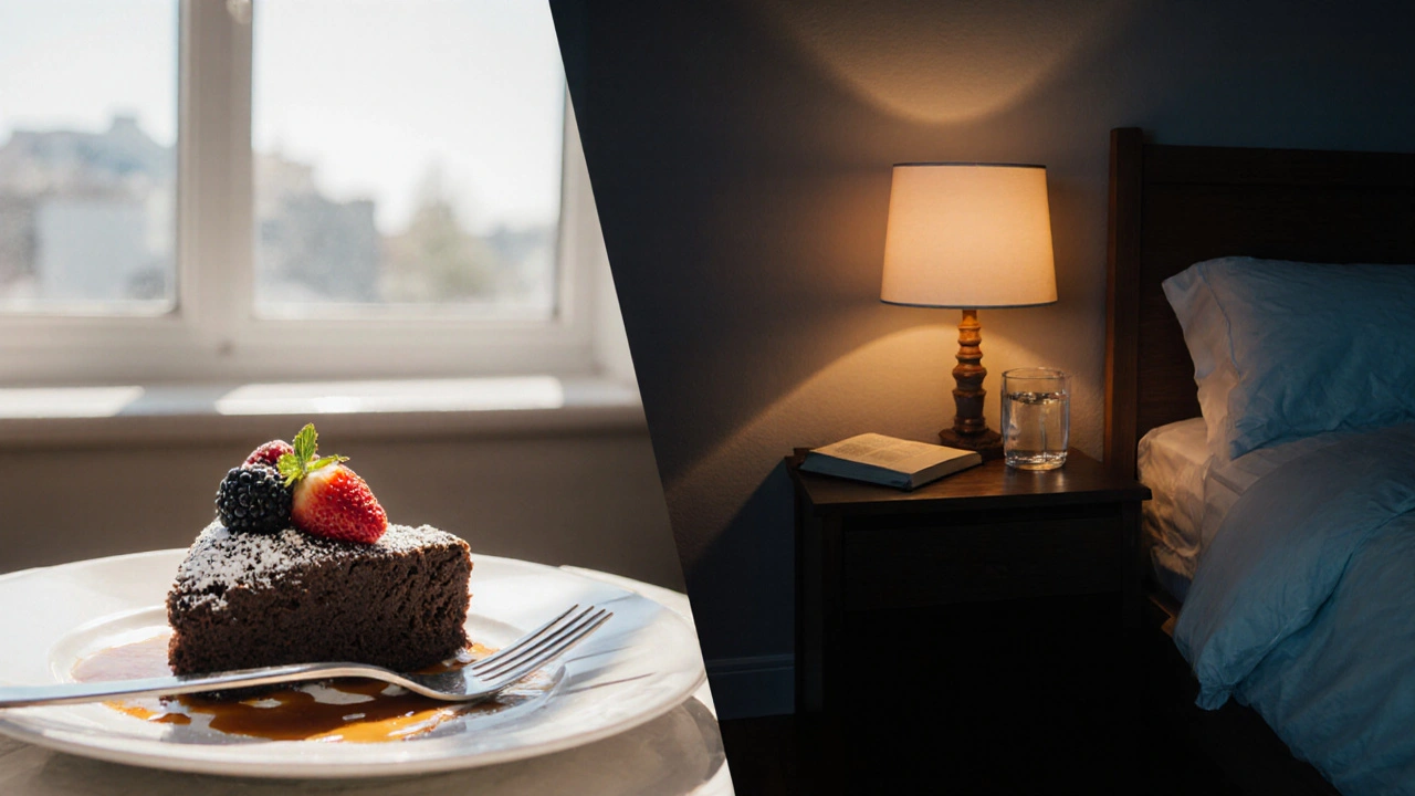 Geteilte Ansicht: Auf der einen Seite ein Dessertteller, auf der anderen ein Nachttisch mit Lampe.