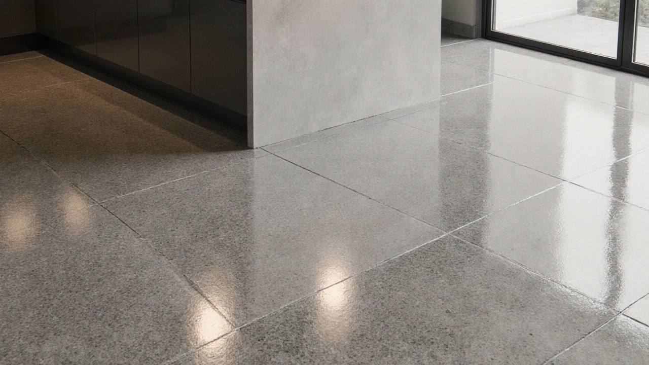 Glatter Mikrobetonboden über alten Fliesen, nahtlos an der Kücheninsel endend.