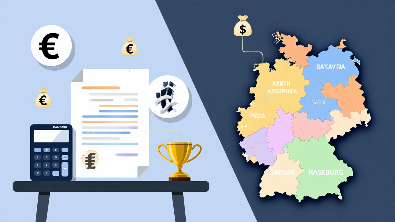 Grafik mit Gehaltsbestandteilen und farblich hervorgehobenen deutschen Bundesländern.