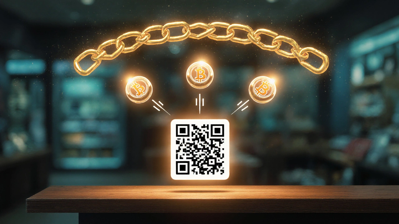 Händler beobachtet leuchtende Orbs, die Block‑Bestätigungen über einem QR‑Code darstellen.