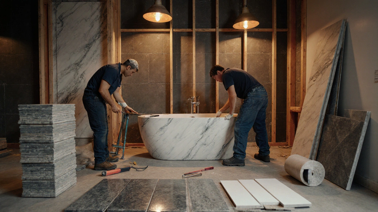 Handwerker bauen Vorwand rund um eine Marmorbadewanne, umgeben von Fliesenmustern und Werkzeugen.
