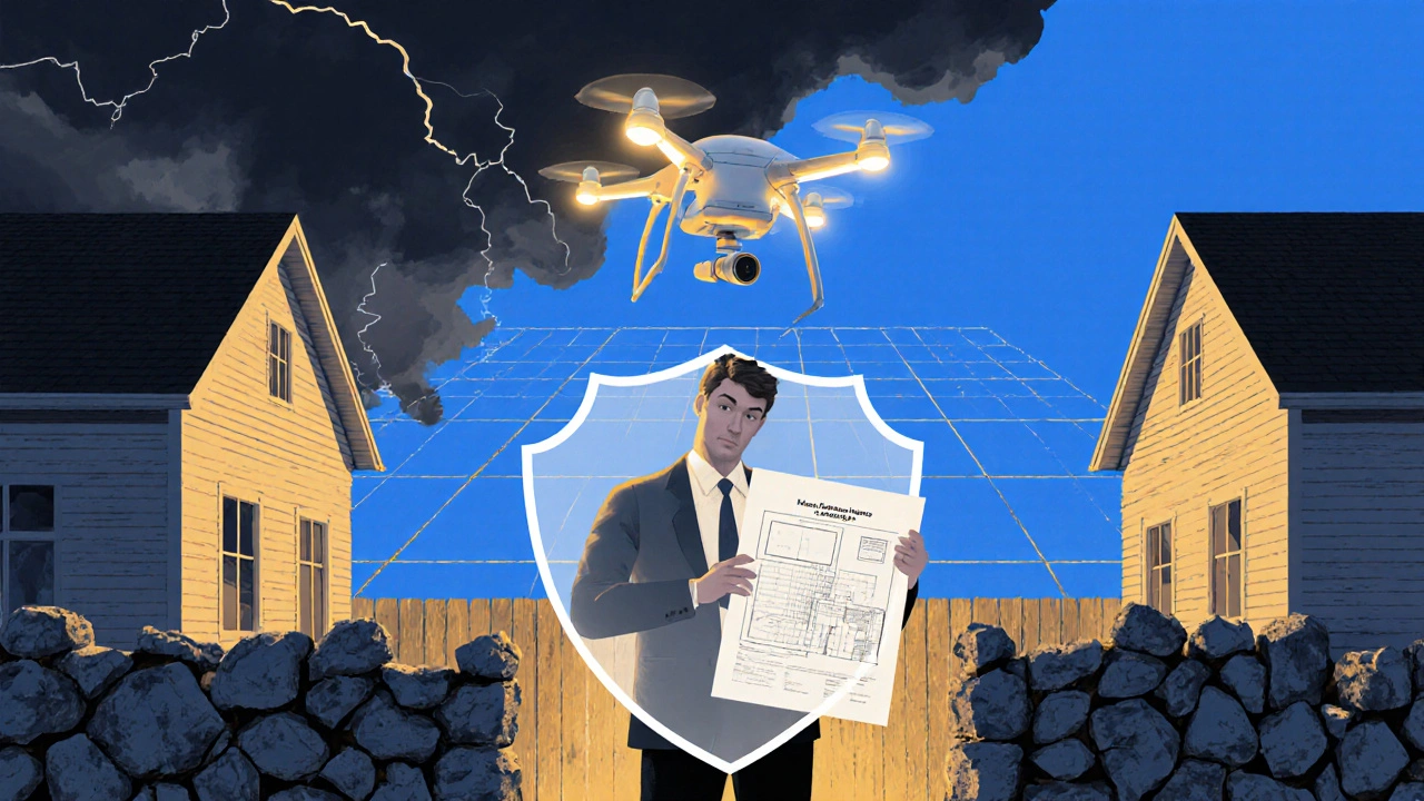 Homeowner protected by a survey plan shield while neighbors argue over property lines, drone mapping above.