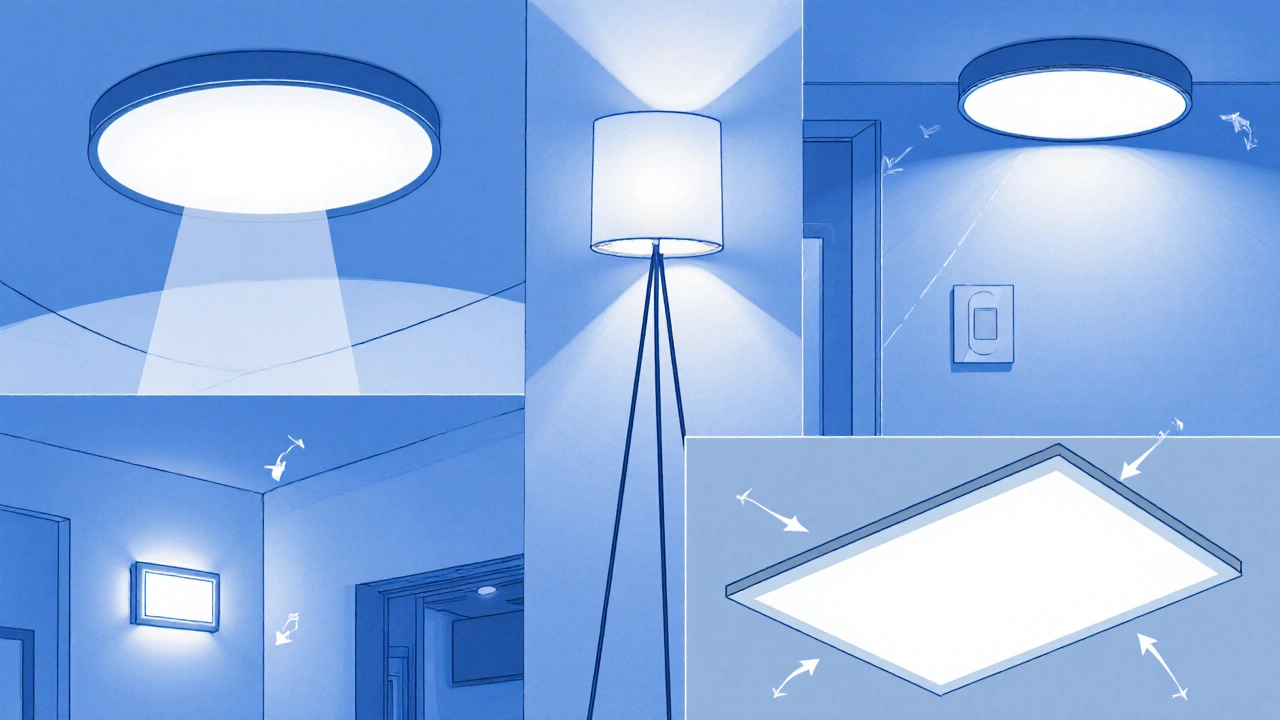 Illustration von fünf Lampentypen (Deckenleuchte, Stehlampe, Wandleuchte, LED‑Streifen, Paneel) mit Lichtfluss‑Pfeilen.