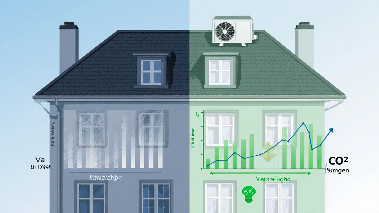 Isometrische Darstellung Vorher‑Nachher‑Gebäude, Dämmung und Wärmepumpe sichtbar.