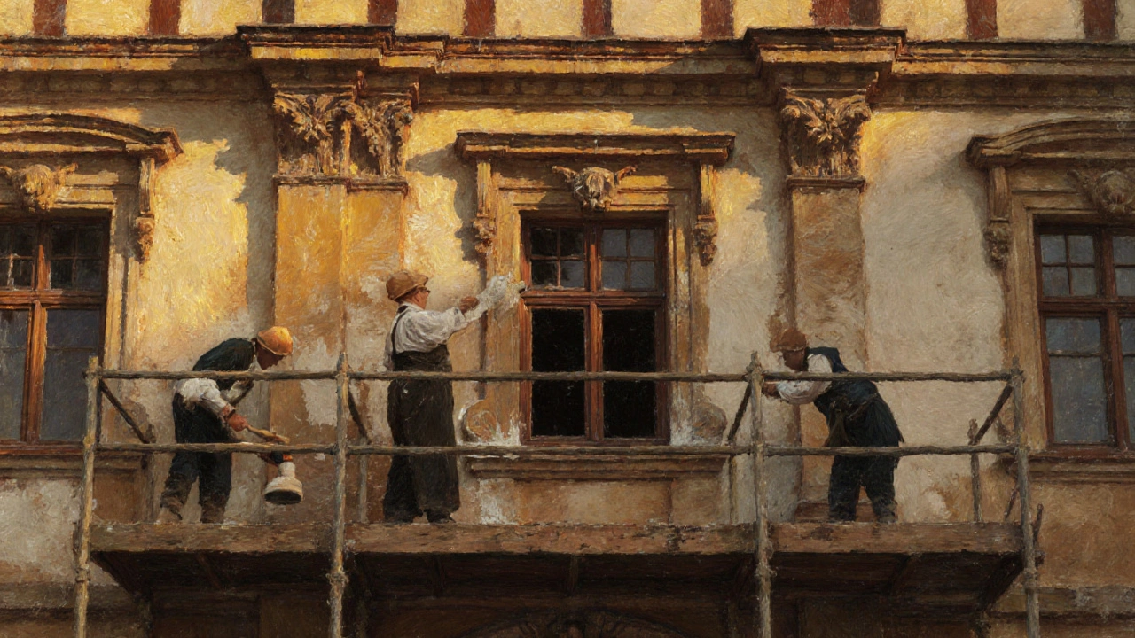 Künstlerisch gemaltes Bild von Handwerkern, die historische Stuckarbeiten an einer alten Fassade durchführen.