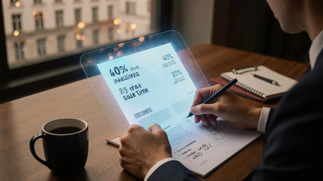 Makler prüft ein KI-generiertes Exposé mit Datenübersicht und handschriftlichen Korrekturen auf dem Schreibtisch.