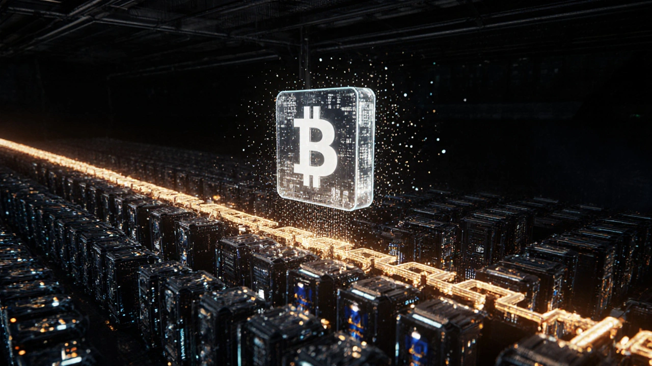 Mining‑Rigs senden Daten in einen leuchtenden Block, der zur Blockchain hinzugefügt wird.