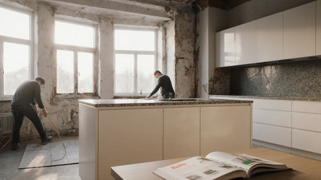 Moderne Einbauküche in einer Altbauwohnung, alte Küchenmöbel werden abgebaut, Licht strömt durch neue Fenster.