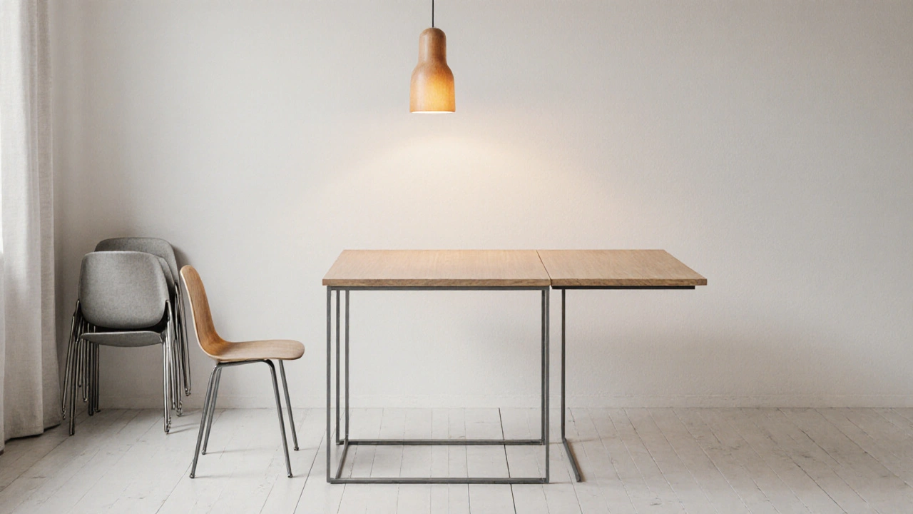 Modernes Esszimmer mit ausziehbarem 30‑Zoll‑Tisch, Metallgestell, hängender Pendelleuchte.