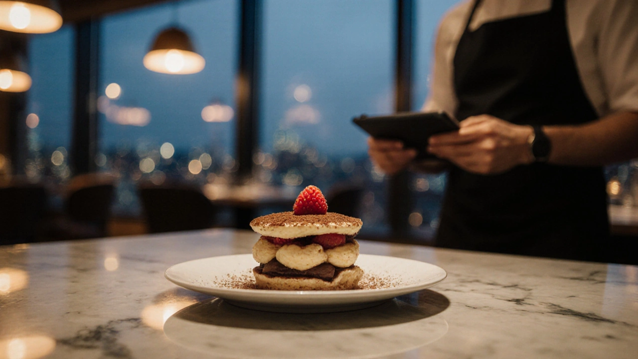 Modernes Restaurant bei Dämmerlicht, elegantes Dessert auf Tisch, Bedienung mit Tablet.