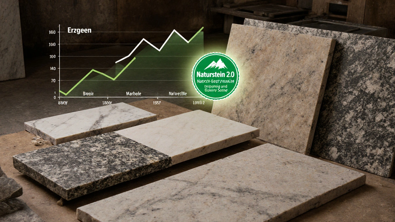 Nachhaltige Wiederverwertung von Naturstein in einer deutschen Werkstatt mit regionalen Steinen.