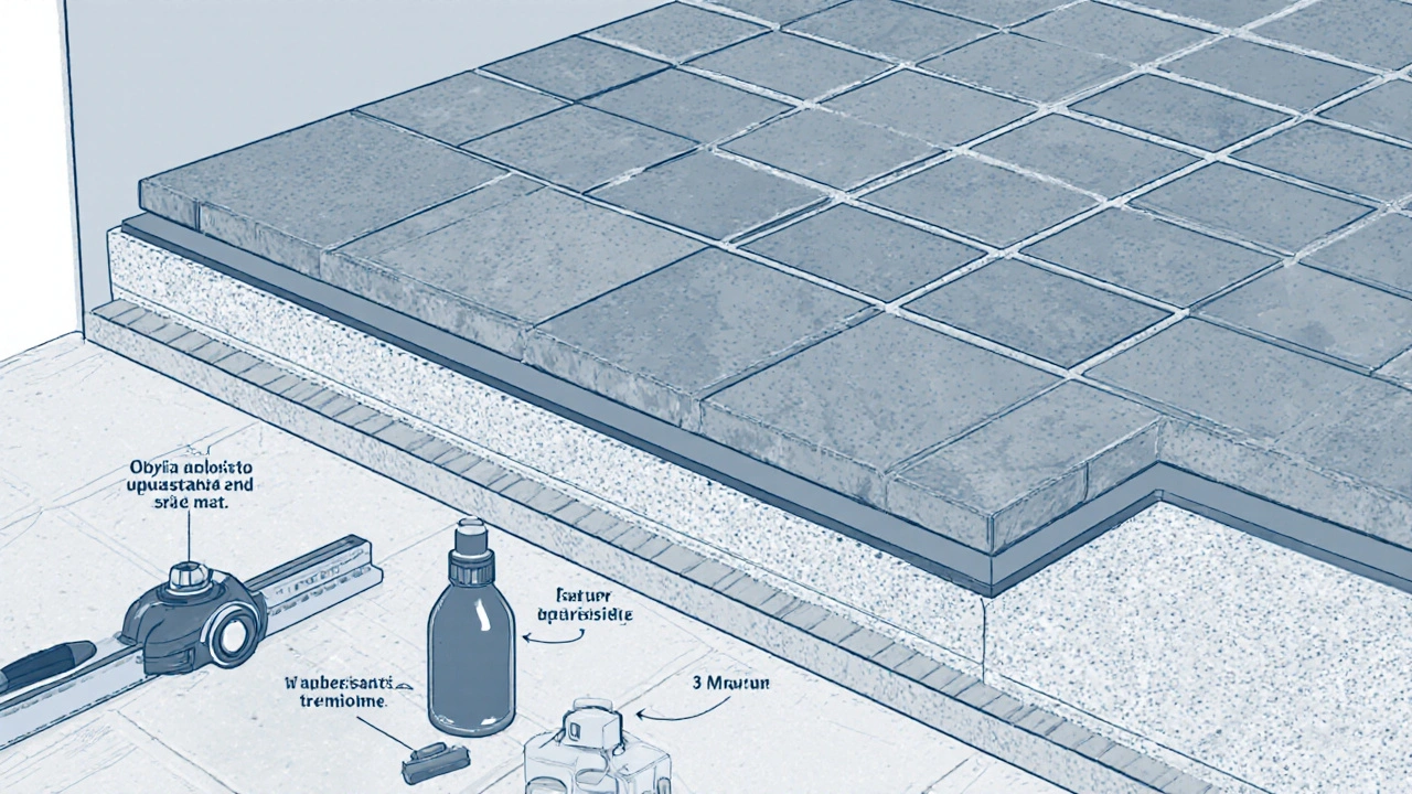 Technische Darstellung einer Natursteinboden-Verlegeschicht mit Ausgleichsschicht und Fugen.