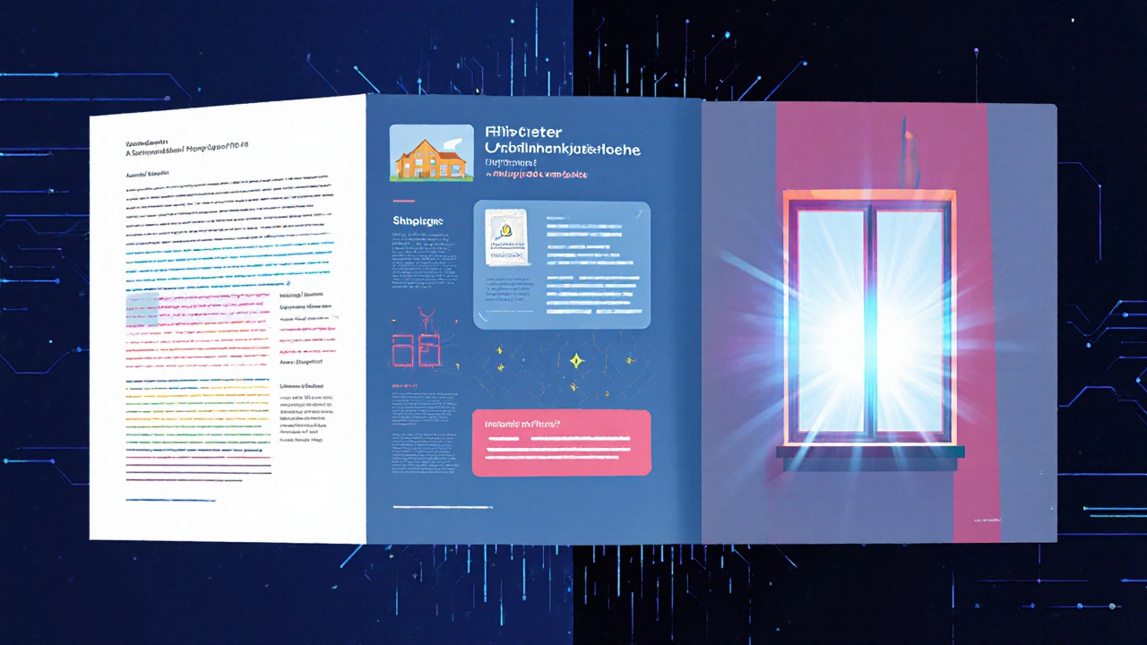 Vergleich eines veralteten und eines KI-generierten Immobilienexposés in einem minimalistischen Stil.