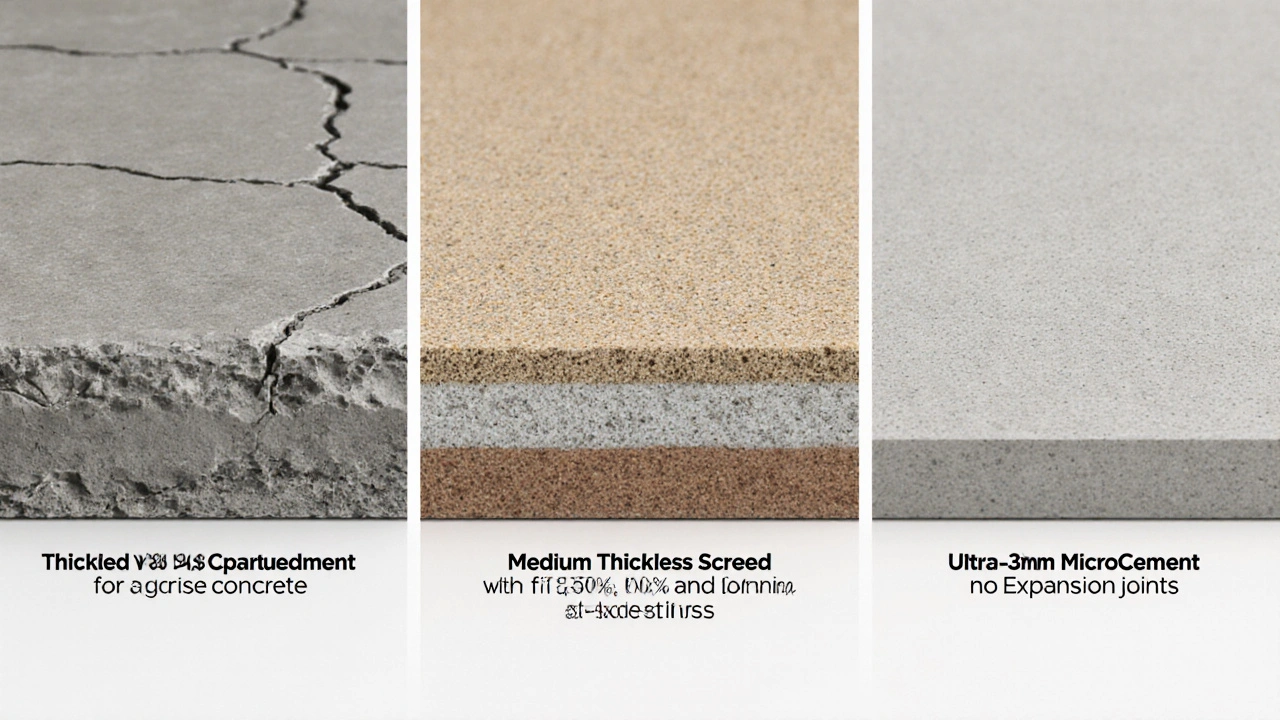 Vergleich von Sichtbeton, Sichtestrich und Mikrobeton in drei unterschiedlichen Dicken und Texturen.