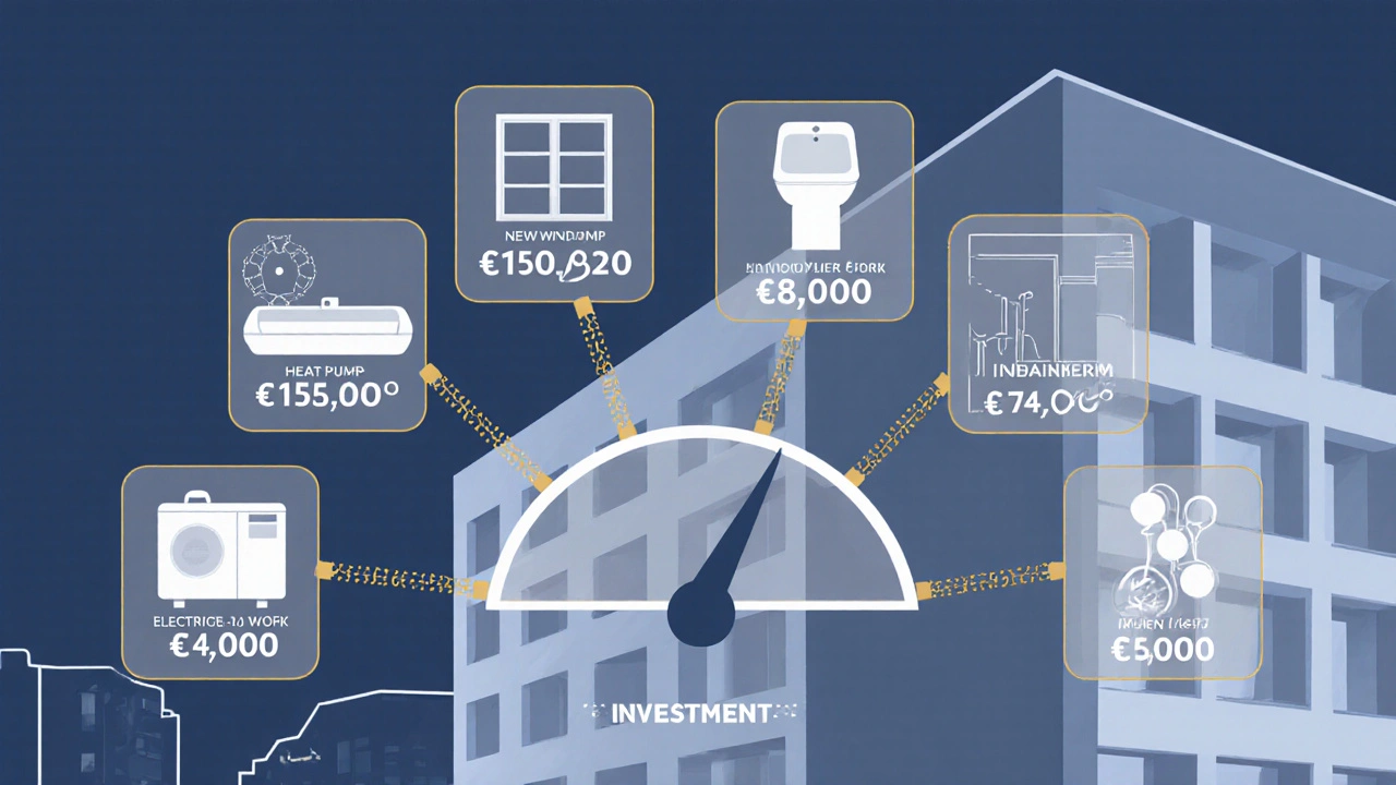 Visuelle Aufschlüsselung der Kosten einer Wohnungsrenovierung: Wärmepumpe, Fenster, Bad und versteckte Schäden als schwebende Elemente.