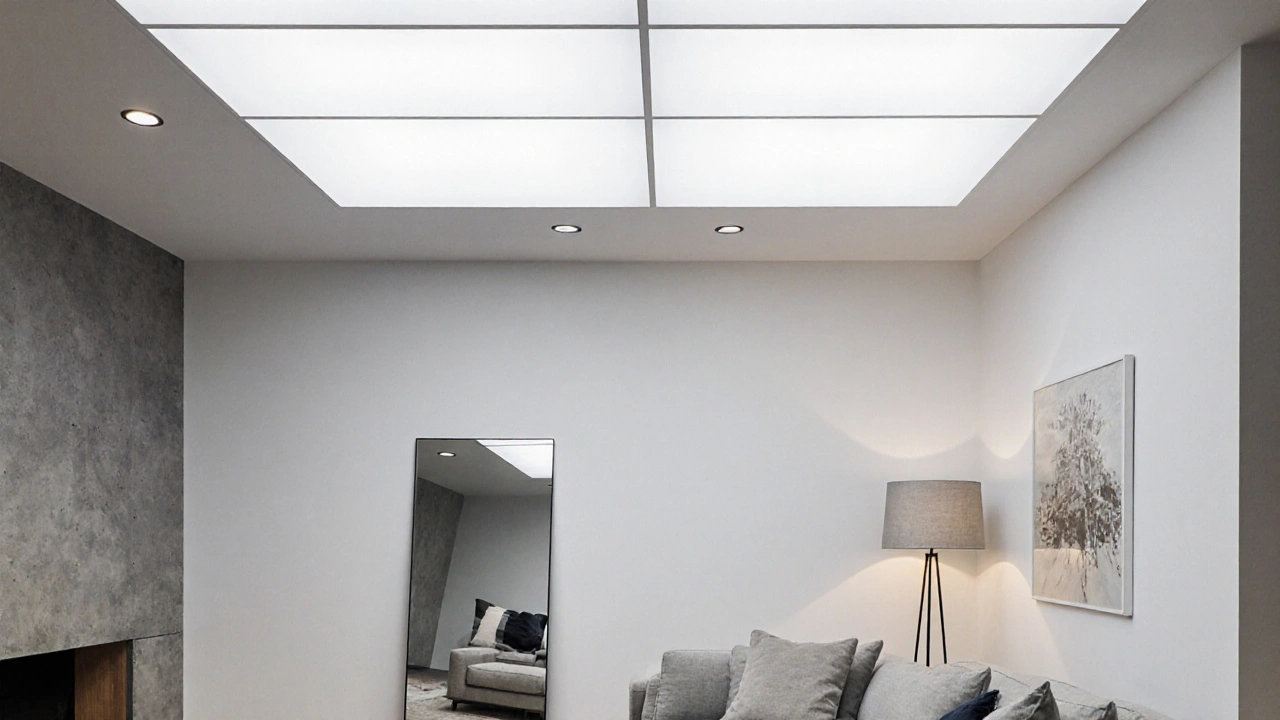 Weite Aufnahme eines hell beleuchteten Lofts mit LED‑Paneelen, Spiegel und Stehlampe, wirkt großzügig.