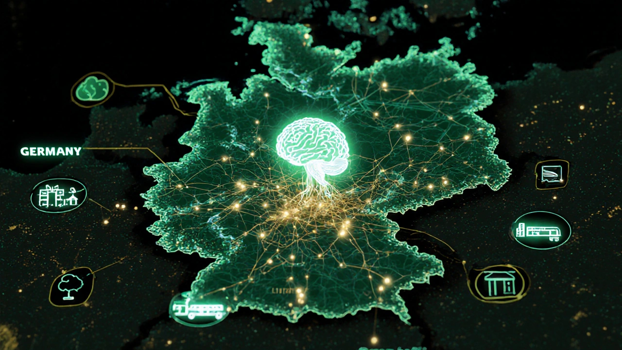 3D-Karte Deutschlands mit Datenströmen, die Immobilienwerte und Nachbarschaftsdaten visualisieren.