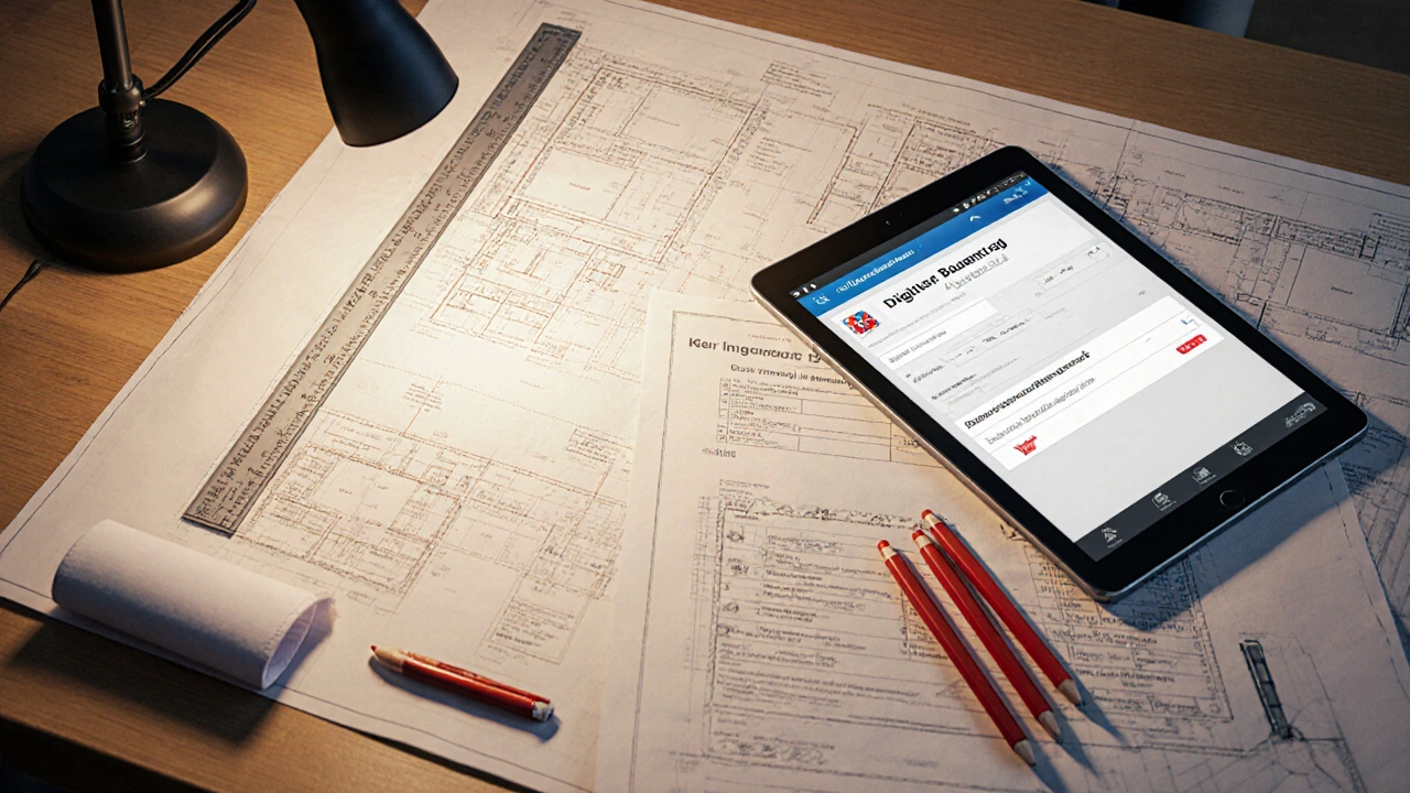 Architekt arbeitet an detaillierten Bauzeichnungen mit statischen Berechnungen auf dem Tisch.