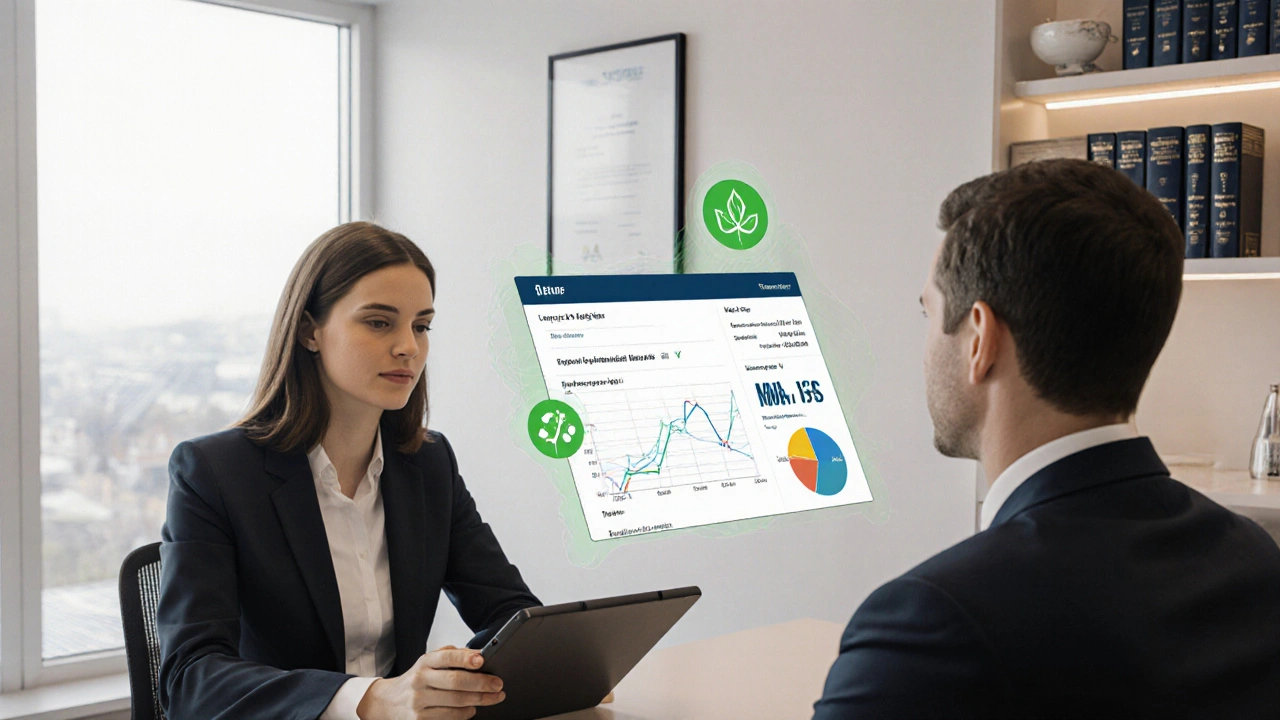 Bankberater und Kunde analysieren ein digitales Wertgutachten mit ESG- und Compliance-Icons.