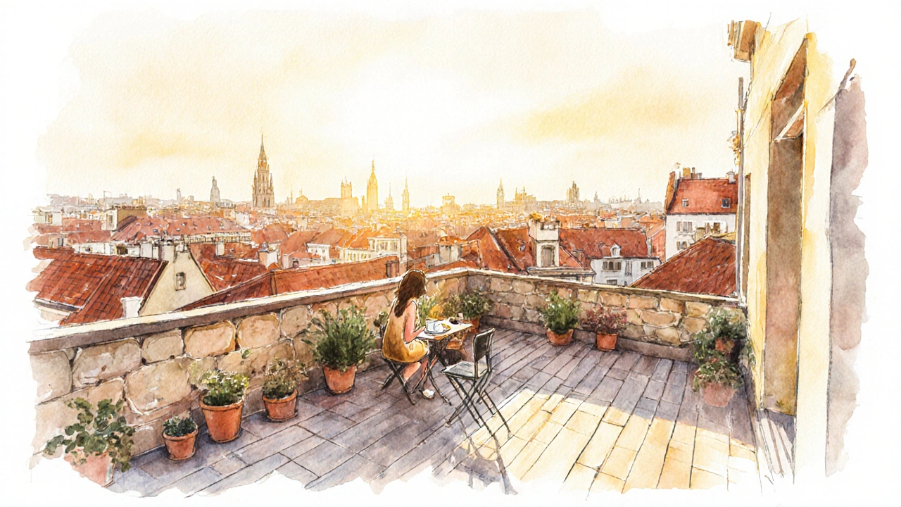 Dachterrasse in München mit Bewohner, der die Stadtansicht genießt, umgeben von anderen flachen Dächern ohne Terrassen.