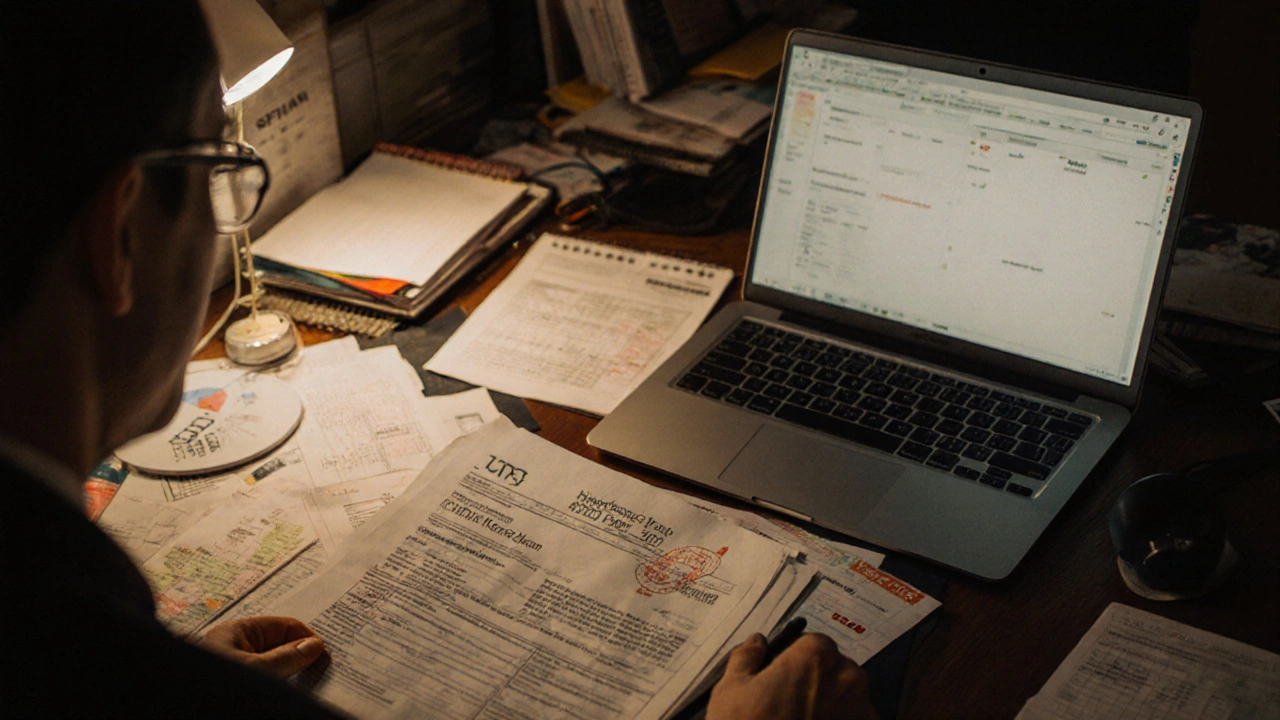 Deutscher Steuerberater in Büro mit internationalen Steuerakten und Laptop.