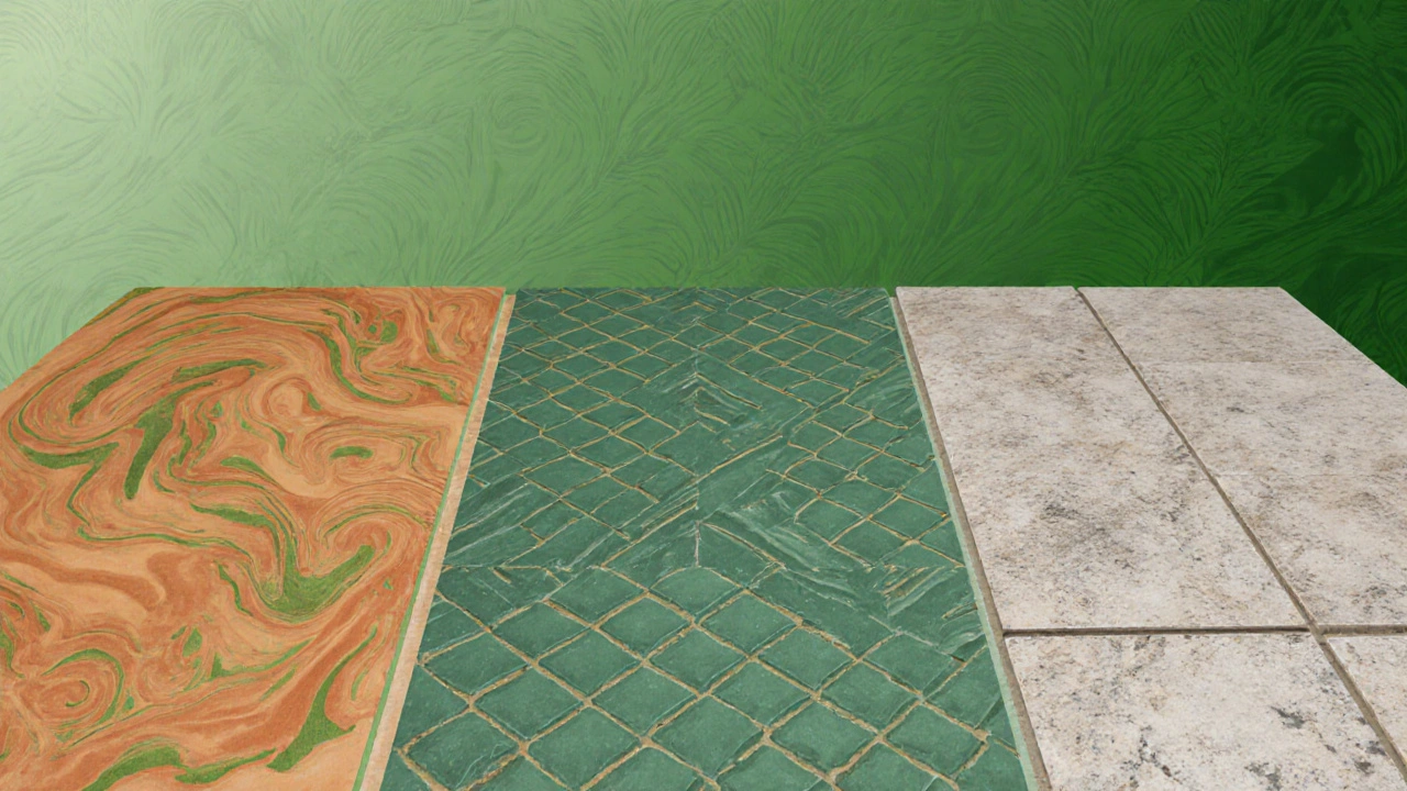 Drei PVC-freie Bodenbeläge nebeneinander: Linoleum, Polypropylen und thermoplastischer Verbund mit natürlichen Texturen.