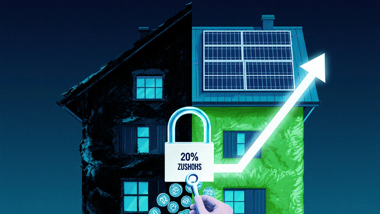 Ein Haus ist halb verfallen, halb modernisiert; ein Schlüssel &#039;iSFP&#039; öffnet eine Energieflut mit Fördergeldern.