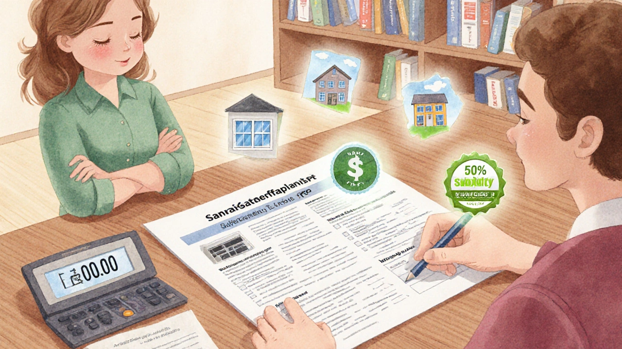 Ein Hausbesitzer betrachtet einen Sanierungsfahrplan mit Symbolen für Dämmung und Fenster, ein Zuschuss von 8.000 Euro wird angezeigt.