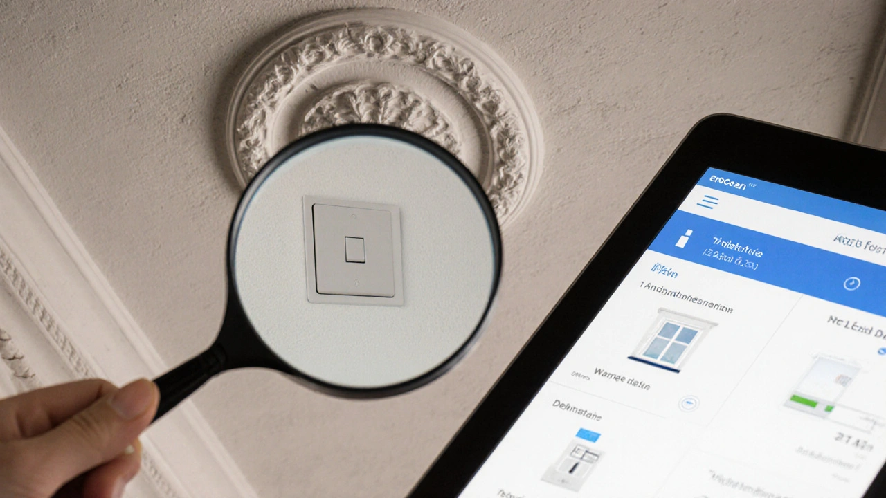 EnOcean-Taster mit 0,3 mm Tiefe an einer Stuckdecke, ohne Beschädigung, verbunden mit einer Smart-Home-App auf einem Tablet.