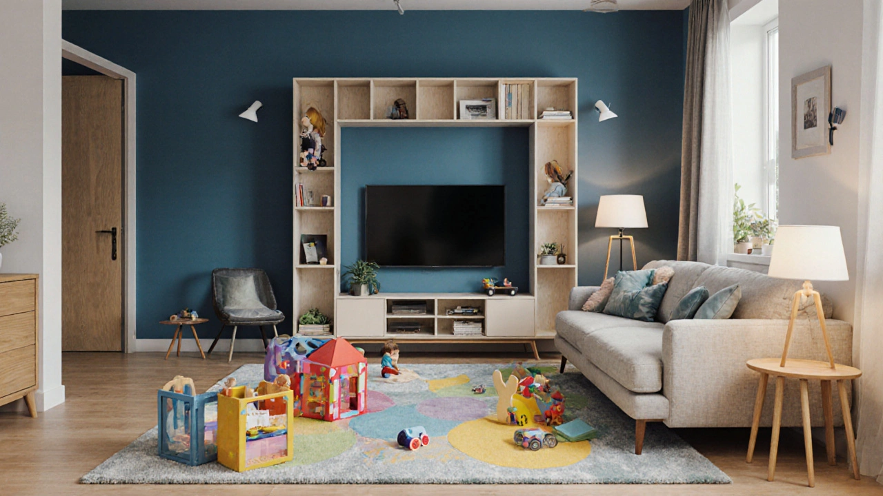 Familienwohnzimmer mit Spielzone, Schalltrennwand aus Regal, ergonomischem Sofa und wärmenden Farbtönen.