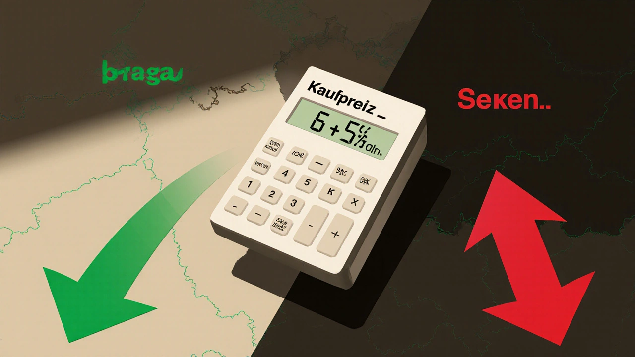 Gekennzeichnete Deutschlandkarte mit unterschiedlichen Grunderwerbsteuersätzen, rot für 6,5 %, grün für 3,5 %.