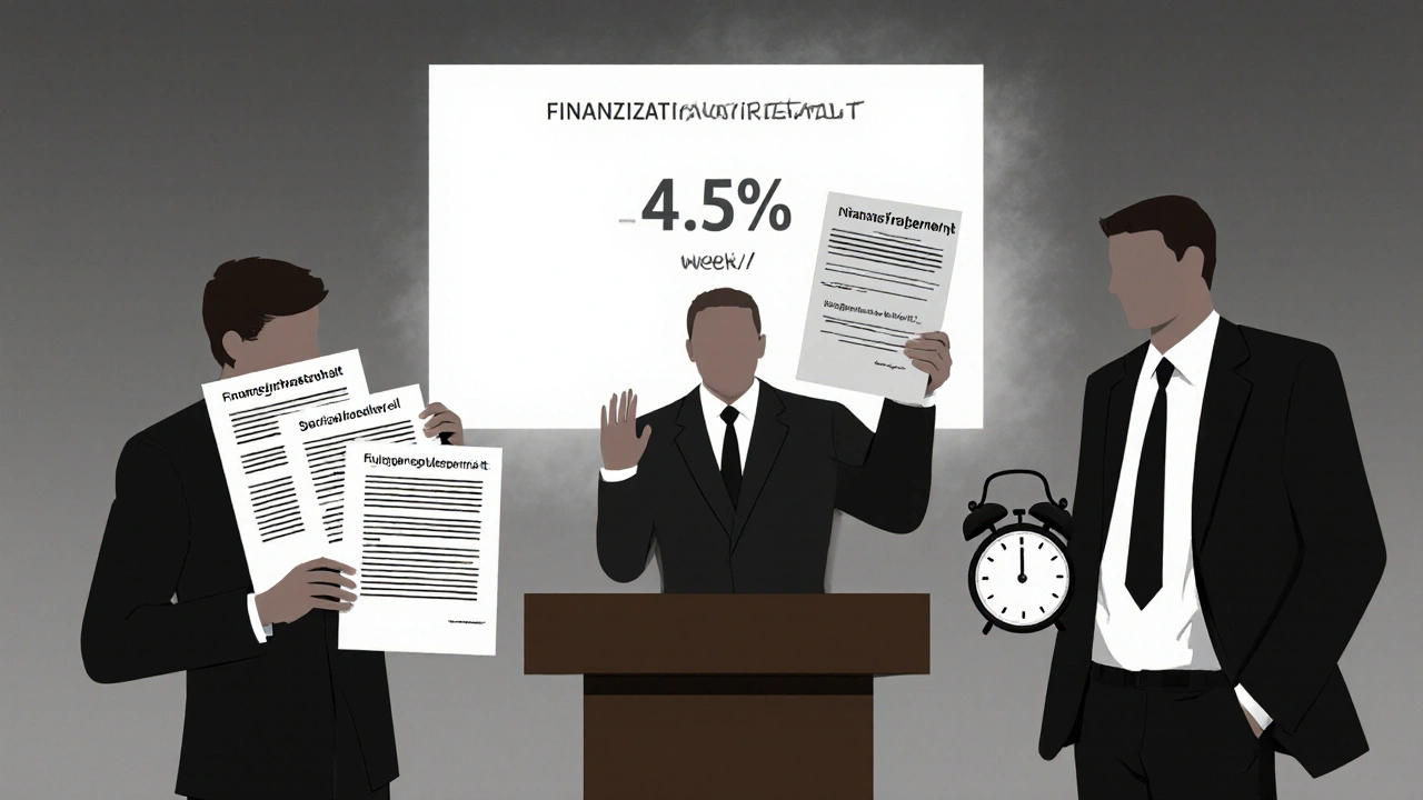 Gerichtssaal mit Richter, der einen unklaren Finanzierungsvorbehalt hält, während Käufer und Verkäufer sich gegenüberstehen.