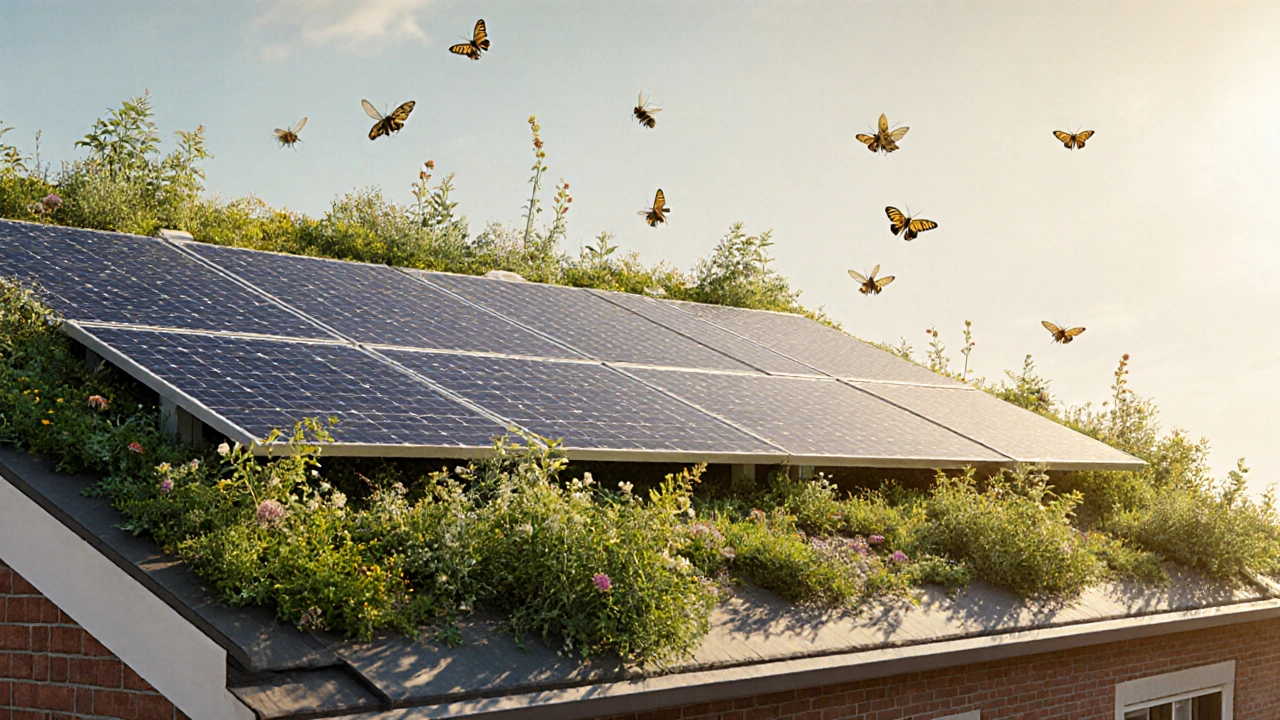 Gründach mit Solarpanelen, Bienen und Blüten, warmes Abendlicht, grüne Pflanzen kühlen die Module.