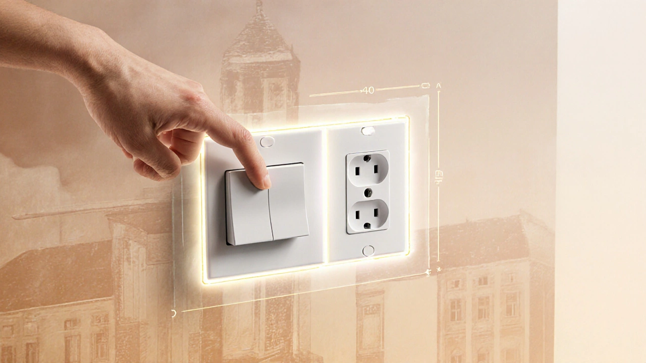 Hand drückt großen Lichtschalter, mit Reichweitenbereichen für alle Nutzer.