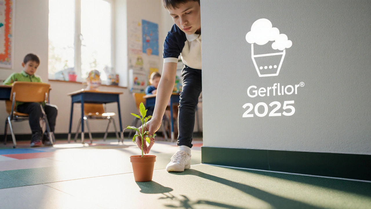 Hände legen eine Pflanze auf einen PVC-freien Boden in einem Schulzimmer, Sonnenlicht strömt durch die Fenster.