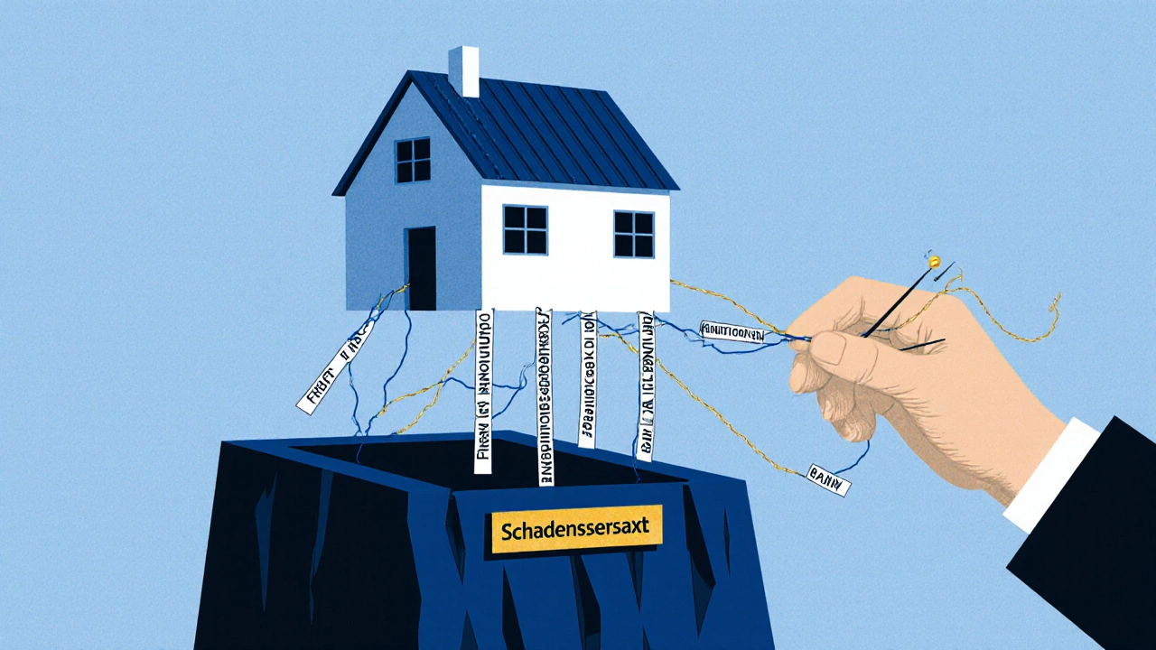 Haus schwebt über Abgrund, gehalten von fünf Seilen mit rechtlichen Bedingungen, eines bricht.