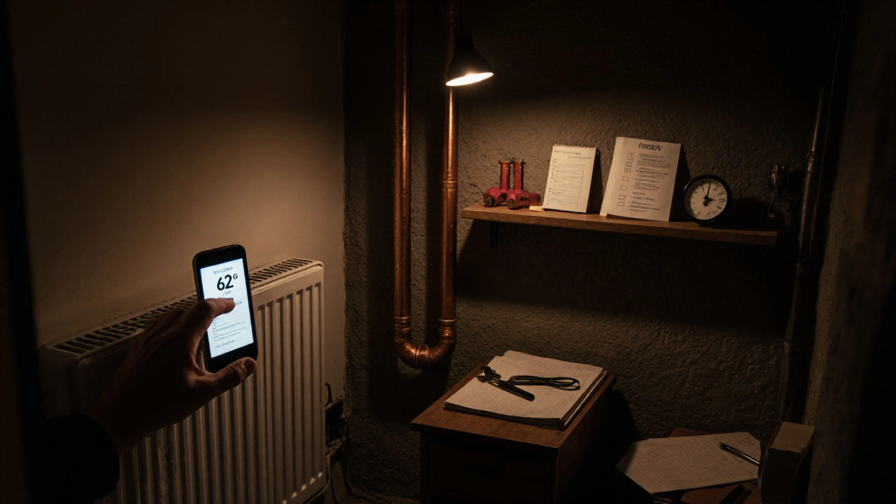 Hausbesitzer prüft Heizkörper und Temperatur in einem Keller mit ungedämmten Rohren und Hygrometer.