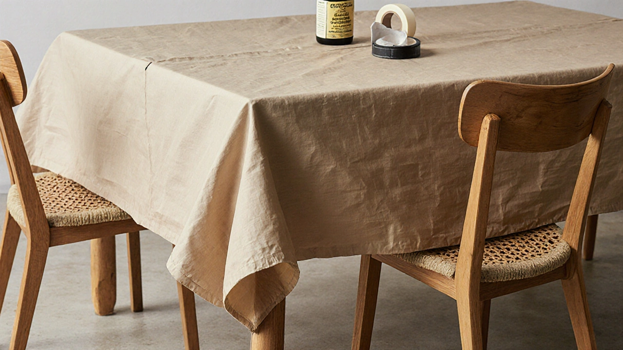 Holztisch mit atmungsaktivem Abdecktuch und Filzgleitern an Stuhlbeinen, Luftzirkulation sichtbar.