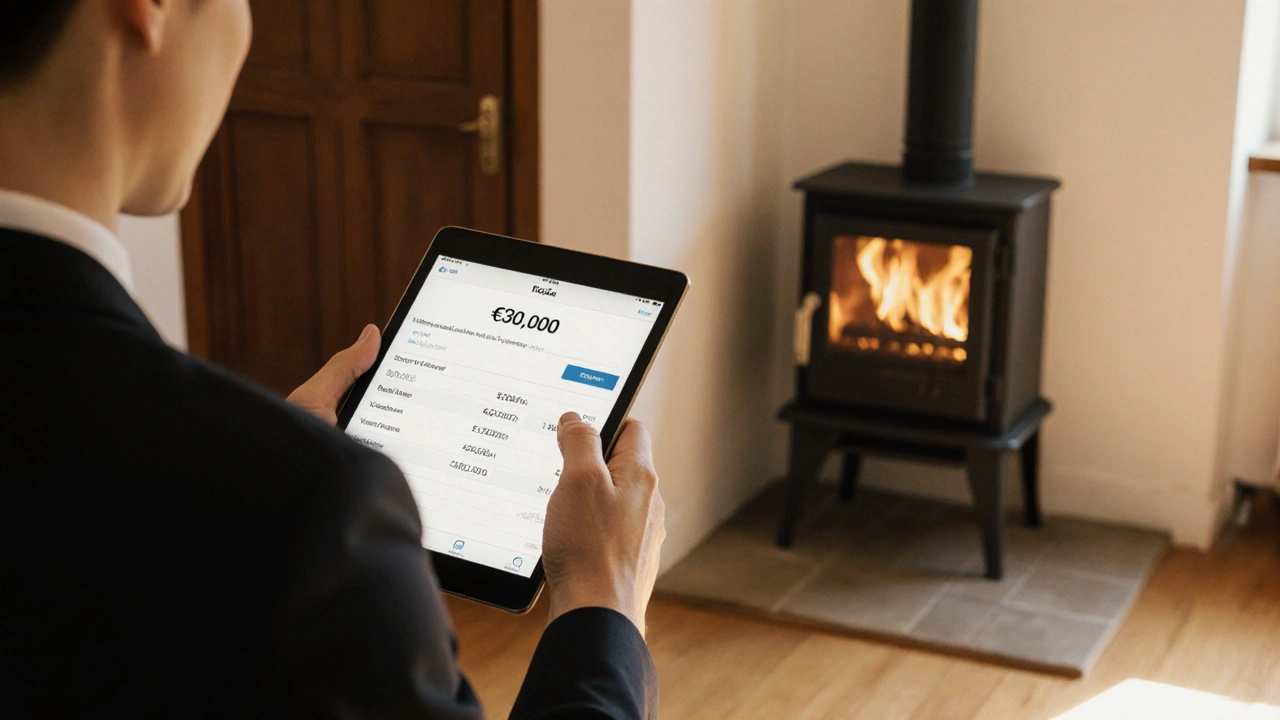 Immobilienmakler zeigt in einem Bauhaus-Haus eine KI-Schätzung, während er auf einen alten Holzofen zeigt.