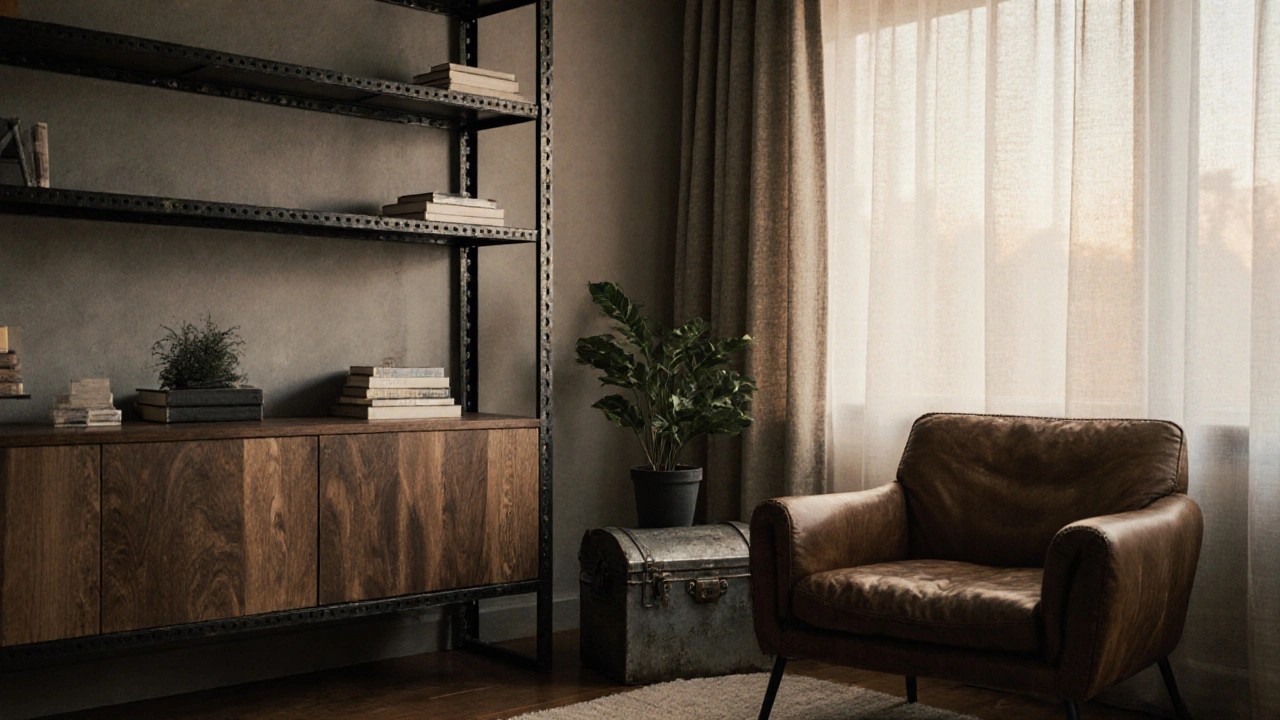 Industrial-Look mit Metallregal und Eichentisch, warmes Licht durch Leinenvorhang.