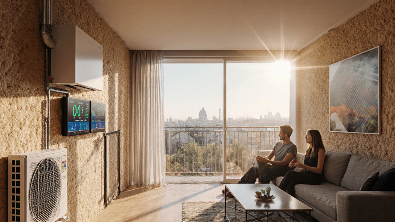 Innenaufnahme eines energieeffizienten Hauses mit intelligentem Energiemanagement und natürlichem Licht